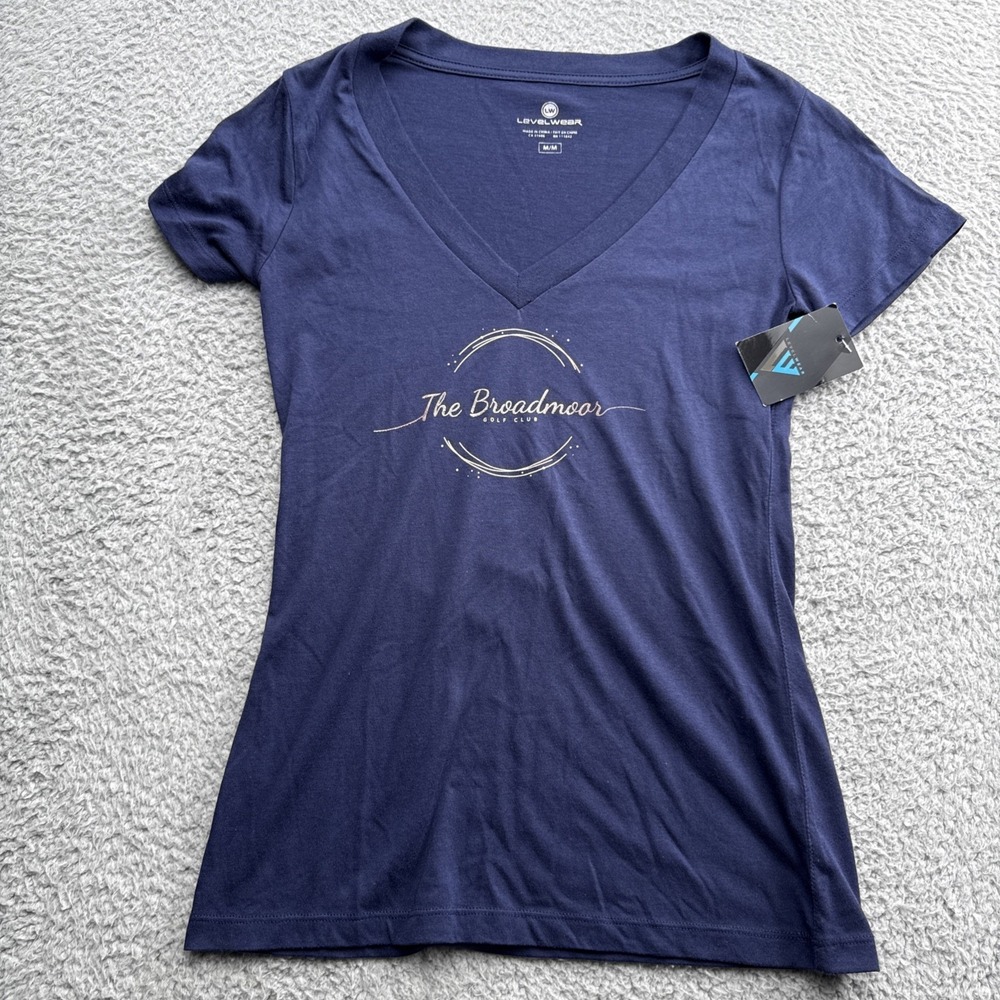 Levelwear T Shirt Womens Medium Blue Glitter Broadmoor Golf Club V-Neck NWT